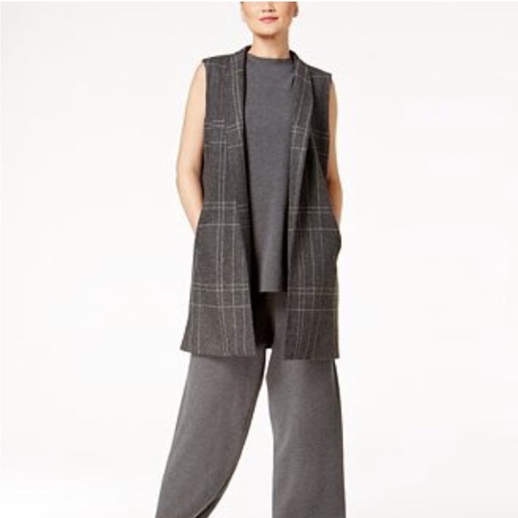 Eileen Fisher Windowpane Wool Sweater Longline Vest Charcoal Plaid Gray Academia - Picture 2 of 12